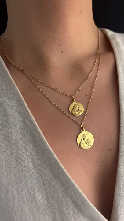 Médaille Pendentif Art Nouveau - Vierge à L'enfant En Or 18 Carats Avec Perles Fines, Occasion