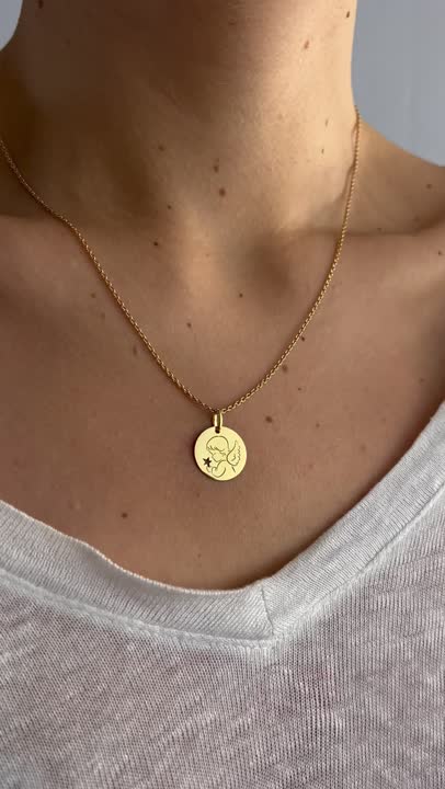 Collier Enfant Médaille Ange Fond Nacre Or Jaune Vermeil 14 Carats - Neuf Avec étiquettes